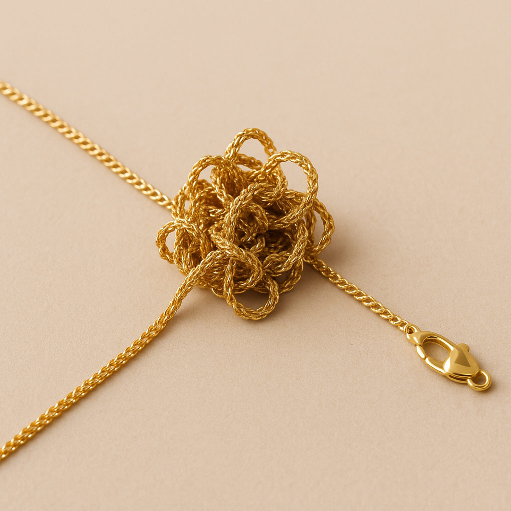 Lanț înnodat din aur fin pe o suprafață deschisă la culoare